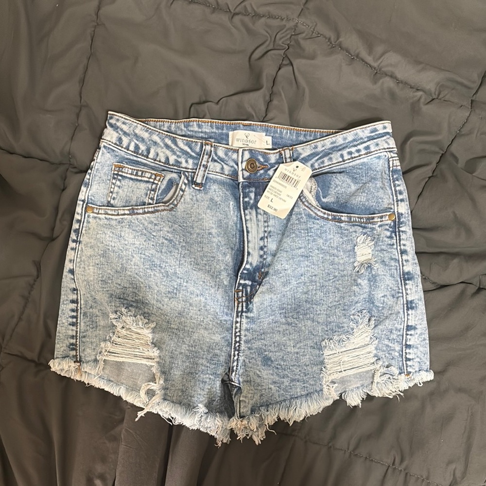 Windsor Blue Jean Shorts with Distressed Frayed Hem - Stretch